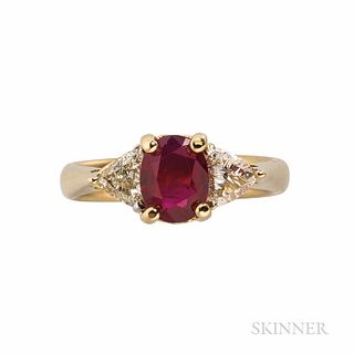 18kt Gold, Ruby, and Diamond Ring, the oval-cut ruby weighing 1.29 cts., flanked by triangular-cut diamonds, size 6 3/4. Note: Accompan