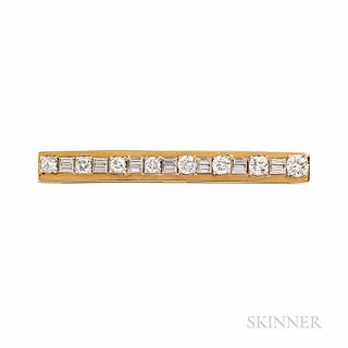 Platinum, 18kt Gold, and Diamond Bar Pin, set with eight full-cut diamonds weighing approx. 0.60, 0.33, 0.30, 0.30, 0.20, 0.20, 0.18, a