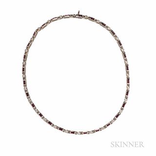 Judith Ripka 18kt White Gold, Diamond, and Gem-set Necklace, with bezel-set garnets and full-cut diamonds, and pink colored stones, app