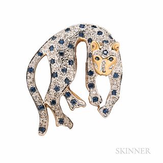 14kt Gold, Sapphire, and Diamond Panther Brooch, with square-cut sapphires and diamond melee, 7.3 dwt, 1 5/8 x 1 3/8 in.