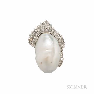 18kt White Gold, Baroque Cultured Pearl, and Diamond Pendant, the large pearl framed by full-cut diamonds, approx. total wt. 1.90 cts.,