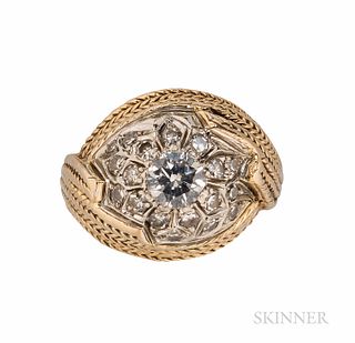 14kt Gold and Diamond Ring, set with a full-cut diamond weighing approx. 0.45 cts., framed by single-cut diamond melee, 4.6 dwt, size 8