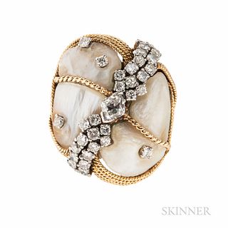 18kt Gold, Freshwater Cultured Pearl, and Diamond Ring, Attributed to Ruser, centering a navette-shape diamond, and full-cut diamonds,