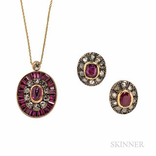 Ruby and Diamond Earrings and Pendant, the earrings with bezel-set rubies framed by rose-cut diamonds, together with a similar pendant