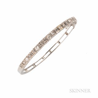 14kt White Gold and Diamond Bracelet, the hinged bangle set with full- and single-cut diamonds, approx. total wt. 0.75 cts., 7.2 dwt, i