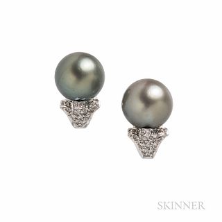 18kt White Gold, Tahitian Pearl, and Diamond Earrings, each pearl measuring approx. 11.50 mm, and pave-set diamonds, 5.6 dwt, lg. 3/4 i