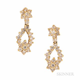 18kt Gold and Diamond Earrings, set with full-cut diamonds, approx. total wt. 1.50 cts., 4.6 dwt, lg. 1 1/16 in.