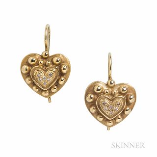14kt Gold and Diamond Heart Earrings, 4.2 dwt, lg. 1 in.