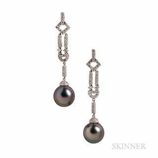 18kt White Gold, Tahitian Pearl, and Diamond Earrings, the pearls measuring approx. 11.50 to 11.90 mm, and full-cut diamonds, approx. t
