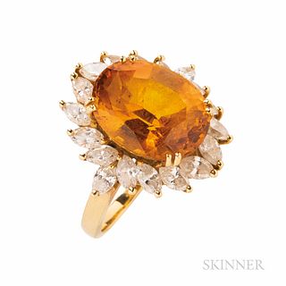 18kt Gold, Orange Sapphire, and Diamond Ring, the oval-cut sapphire measuring approx. 14.00 x 11.40 x 7.70 mm, and weighing 10.42 cts.,