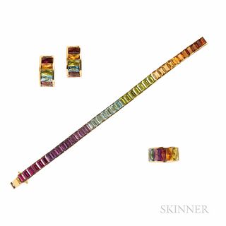 18kt Gold Gem-set "Rainbow" Suite, the bracelet, earrings, and ring set with fancy-cut colored stones including peridot, garnet, amethy