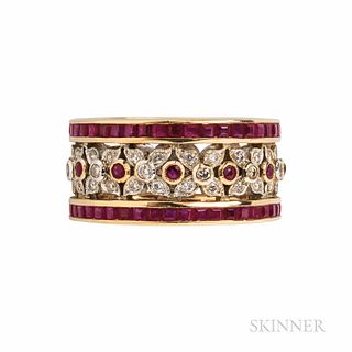 18kt Gold, Ruby, and Diamond Band Ring, with channel-set rubies and diamond melee and circular-cut flowers, 4.9 dwt, size 6 1/2.