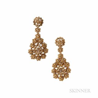 22kt Gold and Rose-cut Diamond Earrings, 8.1 dwt, lg. 1 5/8 in.
