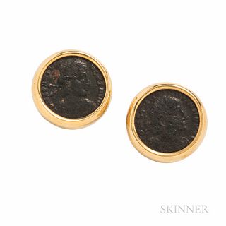 18kt Gold and Ancient Coin Earrings, 10.6 dwt, dia. 11/16 in.
