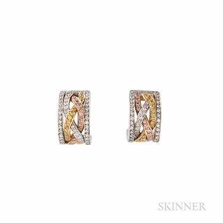 18kt Tricolor Gold, Colored Diamond, and Diamond Earrings, set with pink, yellow, and near colorless diamond melee, 8.2 dwt, lg. 5/8 in