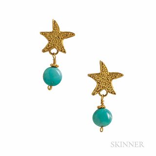 18kt Gold and Turquoise Starfish Earrings, 2.3 dwt, lg. 1 in.