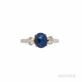 Platinum, Sapphire, and Diamond Ring, the oval-cut sapphire weighing 1.37 cts., and old European-cut diamonds, size 5 1/4.