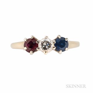 14kt Gold, Diamond, Ruby, and Sapphire Ring, the full-cut diamond weighing approx. 0.25 cts., size 6 1/4.