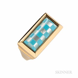 18kt Gold and Turquoise and Mother-of-pearl Inlay Ring, Italy, 8.1 dwt, size 6.