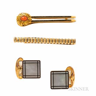 Group of Tiffany & Co. Gold Jewelry, a Schlumberger 18kt gold and coral tie bar; a pair of 18kt gold and mother-of-pearl cuff links, Ti