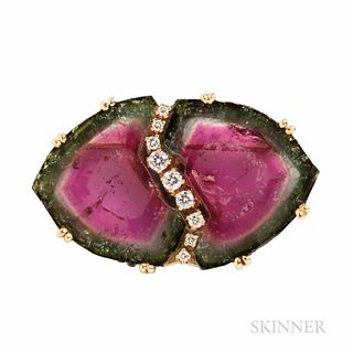 14kt Gold, Watermelon Tourmaline, and Diamond Brooch, set with slices of tourmaline, 7.4 dwt, lg. 1 1/2 in.