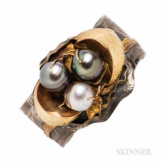 Margaret Barnaby Sterling Silver and 18kt Gold Cuff Bracelet, set with cultured pearls, interior cir. 6 3/4 in., no. 00103, signed. Not