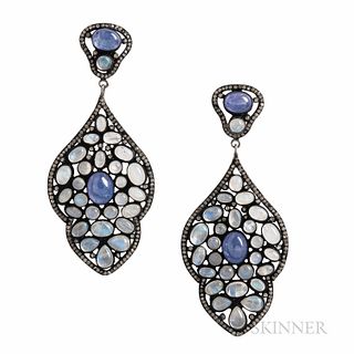 Moonstone, Tanzanite, and Diamond Earrings, set with cabochon moonstones and tanzanites, and rose-cut diamonds, blackened silver mounts