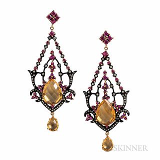 Blackened Silver, Gold, Citrine, and Ruby Earrings, set with faceted citrines, and fancy- and circular-cut rubies, and single-cut diamo