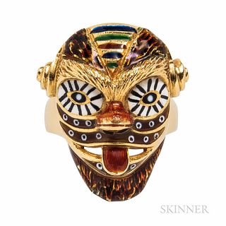 18kt Gold and Enamel Mardi Gras Mask Ring, 6.6 dwt, size 7 1/2. Note: According to the consignor, the ring was specially made for a Mar