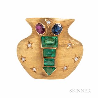 14kt Gold Gem-set Emerald Urn Brooch, set with emerald- and fancy-cut emeralds, oval-cut ruby and sapphire, with star-set diamond accen