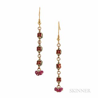 Gold and Enamel Earrings, with enamel flowers and foil-back red stones and beads, lg. 2 1/4 in.