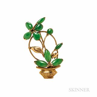 14kt Gold and Jade Flower Basket Brooch, Hong Kong, 4.1 dwt, lg. 1 3/4 in.