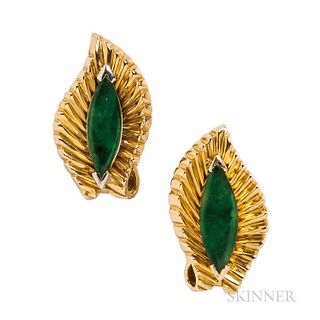 18kt Gold and Jade Earrings, set with navette-form cabochons, 8.8 dwt, lg. 1 1/8 in.