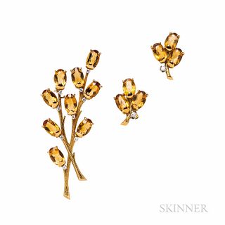 Krementz & Co. 18kt Gold, Citrine, and Diamond Brooch and Earclips, set with oval-cut citrines and full-cut diamond melee, 13.7 dwt, lg
