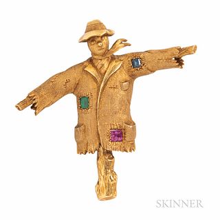 18kt Gold Gem-set Scarecrow Brooch, Italy, 11.8 dwt, 2 x 2 1/8 in.