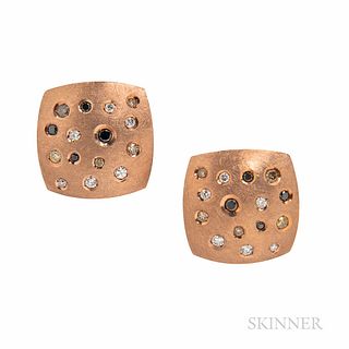 18kt Rose Gold, Colored Diamond, and Diamond Earrings, set with near colorless, yellow, black, and brown diamonds, total wt. 1.34 cts.,