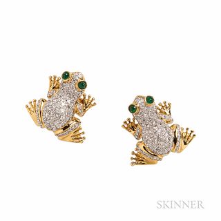 18kt Gold and Pave-set Diamond Frog Earrings, with cabochon emerald eyes, 3.6 dwt, lg. 5/8 in.