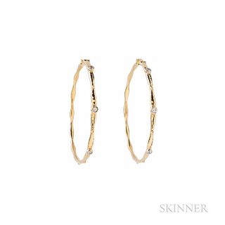 18kt Gold and Diamond Hoop Earrings, with bezel-set full-cut diamonds, 9.5 dwt, lg. 2 in.