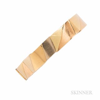 14kt Tricolor Gold Bracelet, the hinged bangle inscribed and dated 1978, 21.9 dwt, interior cir. 6 1/2, wd. 7/16 in.