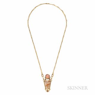 Arthur Korb 18kt Gold and Rutilated Quartz Necklace, with faceted rose quartz and split pearls, suspended from paperclip chain, 11.5 dw