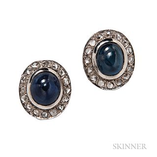 White Gold, Sapphire, and Diamond Earrings, bezel-set cabochon sapphires with rose-cut diamond melee, 6.4 dwt, lg. 5/8 in.