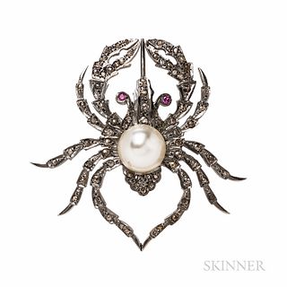 Silver, Silver-gilt, and Rose-cut Diamond Brooch, designed as a crab, with mabe pearl accent, 2 1/8 x 2 1/8 in.