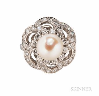 18kt White Gold, Cultured Pearl, and Diamond Ring, the pearl measuring approx. 8.50 mm, and full-cut diamonds, approx. total wt. 1.00 c