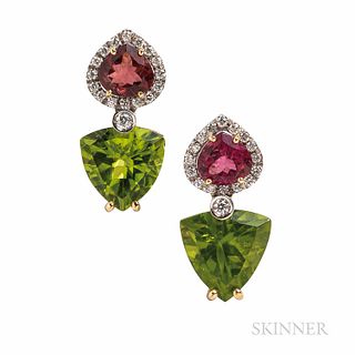 18kt Gold, Tourmaline, and Diamond Earrings, set with fancy-cut tourmalines, lg. 1 in.