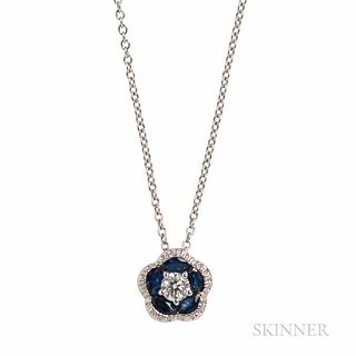 18kt White Gold, Sapphire, and Diamond Flower Pendant, the center diamond weighing 0.20 cts., with chain, lg. 3/8, 16 in.