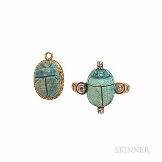 Gold and Faience Scarab Pendant and Ring, the ring set with old European-cut diamond accents, lg. 3/4 in., size 6.