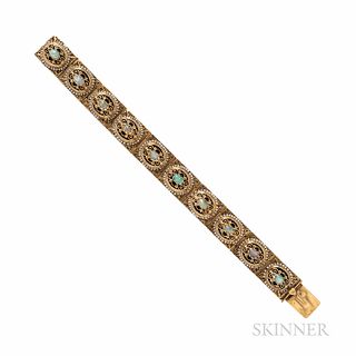 14kt Gold, Opal, Onyx, and Seed Pearl Bracelet, 35.4 dwt, lg. 7 1/4, wd. 5/8 in.