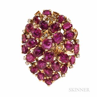 14kt Gold, Ruby, and Diamond Cluster Ring, set with cushion-cut rubies, and single-cut diamond melee, 9.0 dwt, size 7 1/2.