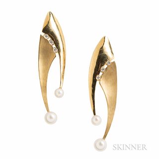 Karina Mattei 18kt Gold, Cultured Pearl, and Diamond Earrings, Brookline, Massachusetts, 3.6 dwt, lg. 2 1/16 in., signed.