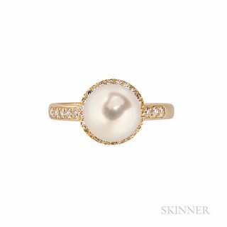 Tiffany & Co. 18kt Gold, Cultured Pearl, and Diamond Ring, c. 1980, the pearl measuring approx. 9.00 mm, framed by single-cut diamonds,